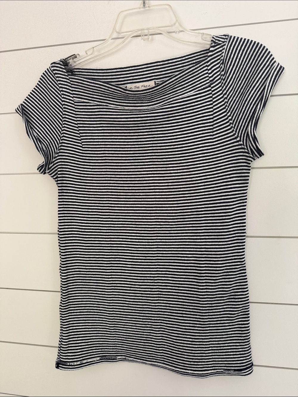 Free People We The Free black & White Striped Short Sleeve Boat Neck Top  Sz MED